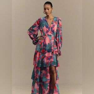 Hutch Peach Watercolor Bardot Maxi Dress